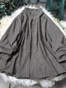 Pure Cotton Plaid Long Sleeve Loose Fit Collar Doll Shirt Spring 2025 Japanese Style Wooden Ear Lace Trim Stand Collar Shirt