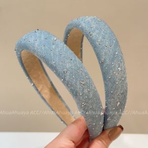 Fashionable Silver Sparkling Rhinestone Hairband Korean Style Sweet Super Fairy Blue Denim Headband Hair Clip Accessory
