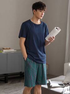 JIALEFEN | Summer Mens Cotton Short Sleeve Shorts Pajamas Set