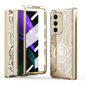 Zeallion Plating Mechanical Patter Phone Case For [Samsung Galaxy Z Fold 6 5 4 3 2 Z Flip 3 4 5 6 5G] with Glass Film Screen Protector Hinge Protection Cover Shell