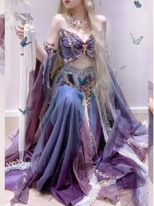 ชุดฮันฟูสีม่วงปักลายสไตล์ตะวันตก ชุดนางฟ้า ชุดฮันฟูสไตล์จีน ชุดวันคริสต์มาส ชุดลำลอง ผ้าโพลีเอสเตอร์ ฤดูร้อน 2024