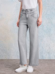 HR | Slimming Light Grey Straight Leg Jeans Womens HR Casual Vintage Pear Shape High Waist Spring New Style Rinsed Cotton Blend