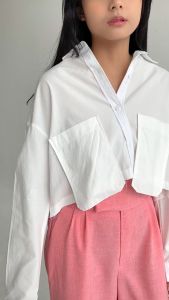 Peach Poppy JOY Crop Shirt Over Cut / Unfinished - Atasan Kemeja Crop Wanita Premium