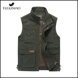 Fuguiniao Nam Tác Chiến vest không tay Áo khoác Denim Thêu Vải lưới