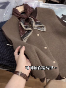 Retro round Neck Brown Knitted Open Cardigan Vest Womens Loose Fit Large Size Top Comfortable Elegant Autumn New Arrival