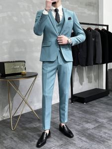 Business Casual Mens Suit Set Korean Style Wedding Groom Formal Wear Polyester Fabric Metal Decorated Long Sleeve round Hem