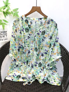 Summer Thin Elegant Breathable Top Shirt Abstract Printing Slimming V-Neckline Batwing Sleeve Shirt Womens Half Sleeve