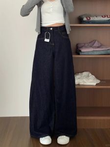 Loose Wide Leg Blue JeansWoman High Waist Zipper Casual Style Blue Jeans Floor Length Straight Leg Slimming Effect