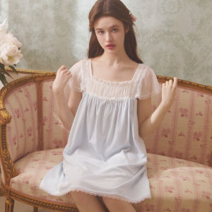 Pure Cotton Princess Style Sleepwear Womens Lace Sweet Summer Nightgown Short Sleeve Short Dress Square Collar Home Clothes