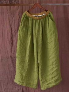 กางเกงขายาวทรงหลวมเอวสูงผ้าลินินคอตตอนผสมสไตล์ลำลองสำหรับผู้หญิง ฤดูร้อน 2025 กางเกงขายาวทรงหลวมสไตล์ลำลอง