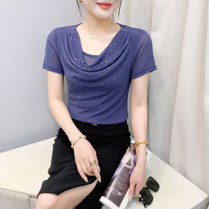 YIMEI 2025 Summer New Round Neck Starry Sky Mesh Short-sleeved Women's T-shirt: A Shiny Silk Sparkling Top