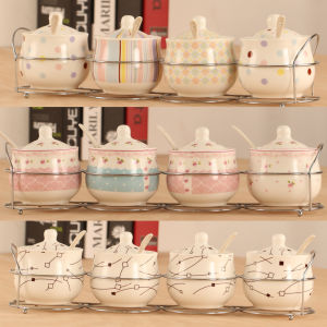 Creative Ceramic Seasoning Jar Korean Style Seasoning Box and Bottle Seasoning Containers Box and Bottle Salt Jar Four Pieces Kitchen Suit Get Spoon Holder Free