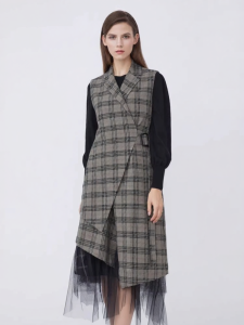 S·DEER | Suit Lapel Plaid Waist-accentuated Asymmetric Long Vest
