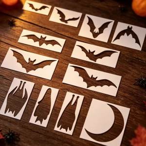 YOMDID 12pcs Halloween Big Bat Silhouette Craft Template DIY Hollow Painting Template With Bat And Moon Patterns