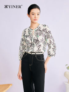 Fashion Weave Lace-up Small Collar Artistic Print Mulberry Silk Blouse