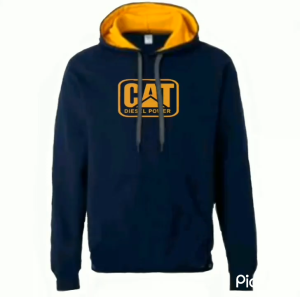Jaket Hoodie PullOver Caterpillar Bahan Kain Flecee Warna Biru Tua Kombinasi Kuning Atasan Pria/Wanita Lengan Panjang Ready Size S/M/L/XL/XXL