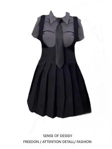 plus Size Sweet And Spicy College Style Shirt with Tie + A-Line Midi Skirt Two-Piece Set Short Sleeve High Waist Pleated Dress