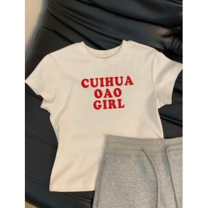 SUSHOUWANGE | White Letter Printed Short Sleeve T-Shirt Slimming Top
