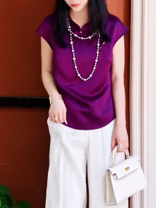 QINGNAER | Purple Luxury Elegant Cheongsam-Style Shirt Blouse Large Slim Fit Mandarin Collar Short Sleeve