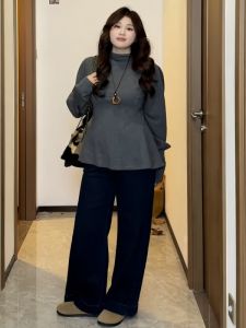 plus Size Grey High Neck Lantern Sleeve Knitted Base Shirt Women Early Autumn Slimming Waist Cinched Long Sleeve Top