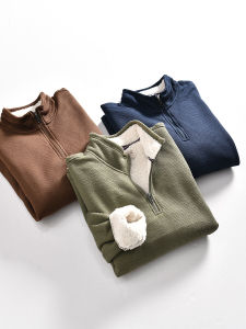 Large Leak-Picking Waffle Knitted Thickened Berber Fleece Autumn and Winter Mens Half Zipper Stand Collar Warm Hoodie Bottoming Tide