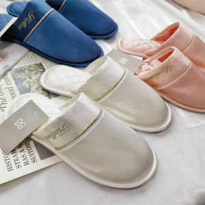 Elegant Embroidered Letter Satin Check Couples Wedding Slippers Home Indoor Anti-Slip Comfortable Flat Heel Slip-On Shoes
