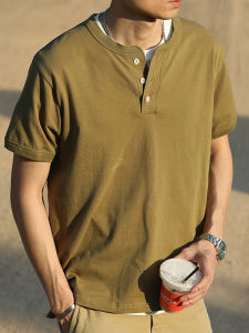 เสื้อทีเชิ้ตแขนสั้นผู้ชายเสื้อทีเชิ้ตแขนสั้นสไตล์อเมริกันแนววินเทจสำหรับผู้ชายเสื้อทีเชิ้ตผ้าฝ้ายแท้คอปกเฮนรีแบบแข็ง