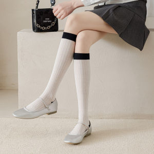 Spring and Summer New Color Matching Wide Stripe Calf Socks Female Japanese Style JK Contrast Color Vertical Stripe Cut Out Thin Cotton Socks Long Tube Knee Length Socks