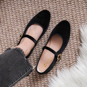 French Mary Jane Womens Flats Velvet Slip-On Comfortable round Toe Anti-Slip Fashionable Casual Shoes Metal Buckle Closure