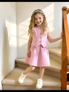G New Hot Trend Best Seller Vneck Chaleco Vest and Ribbon Pleated Skirt Terno Set