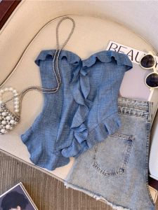 Hong Kong Style Retro off-Neck Tube Top Vest Womens Summer Asymmetrical Sweet Lotus Leaf Strapless Tops Ins