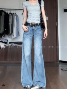 กางเกงยีนส์ทรงหลวมเอวต่ำสำหรับผู้หญิง กางเกงขายาวทรงขาบานสไตล์อเมริกันย้อนยุค ฤดูร้อน 2025 ทรงหลวมสบายๆ สำหรับสาวๆ