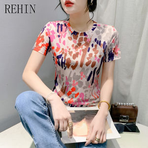 ผ้าฝ้าย Rehina ยืดผ้า ด้วยคอกลมแขนสั้นพิมพ์ลายฤดูร้อนสไตล์ยุโรปใหม่ สำหรับหญิงที่สง่างาม