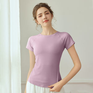 เสื้อยืดวิ่งโยคะผู้หญิง ทรงสลิมฟิต ระบายอากาศได้ดี แห้งเร็ว ชุดออกกำลังกาย ชุดกีฬาฤดูร้อน แขนสั้น คอตั้ง คอกลม