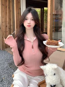 GUZILIAN | Korean Style Womens Knitted Sweater Polo Collar Half Zip Soft Cozy Base Layer Top Sweet Stripe Design Winter Inner Wear