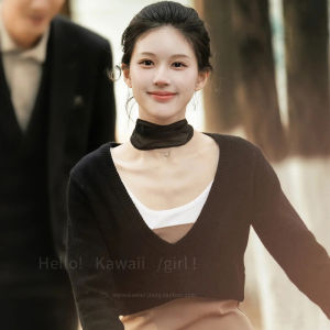 ผ้าพันคอไหมสีดำสไตล์เกาหลีสำหรับผู้หญิง ผ้าพันคอแบบยาวรูปตัว L ขอบลูกไม้ ผ้าคลุมคอแบบย้อนยุค สไตล์ไฮเอนด์ ใช้งานได้หลากหลาย