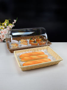 ถ้วยขนมปังขนาดใหญ่พลาสติกพร้อมฝาปิด ถ้วยขนมปังแบบโปร่งใสป้องกันฝุ่น ถ้วยขนมปังแบบทอจากใบไม้ ชั้นวางของสำหรับอาหาร ชั้นวางของสำหรับการแสดง