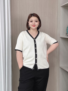 Slimming V-Neck Short Sleeve Ice Silk Knitted Cardigan Womens Summer New Style plus Size Fashionable Little Fragrance Design Sense