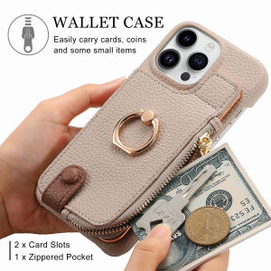Zipper Wallet iPhone 13 14 15 16 Pro Max Leather Case Cover RFID Blocking Card Holder Coin Purse iPhone 14 15 16 Plus Casing Semi-Surrounded Protective Phone Case with Ring Stand