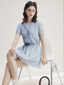 FAMANXUAN | Vintage French Blue Plaid Suede Collared Cinched Dress