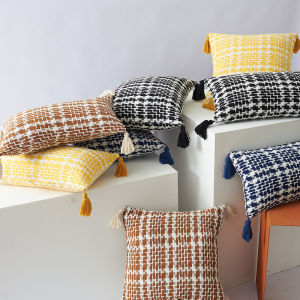 Double Color Woven Geometric Pattern Cushion Cover 30X50cm 45X45cm  Yellow Grey Brown Blue Cotton Tassel Handmade Throw Pillowcase For Lliving Room Home Decoration
