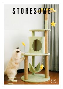 Pastel Green Cat Climbing Post With Adorable Yellow Star Platform & Ornaments