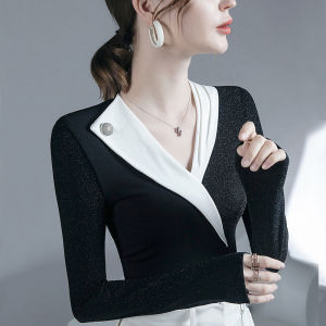 Color Block V-Neck Long Sleeve Base Shirt Womens Spring Autumn Style Slim Fit Beautiful Top Fashionable Korean Version T-shirt