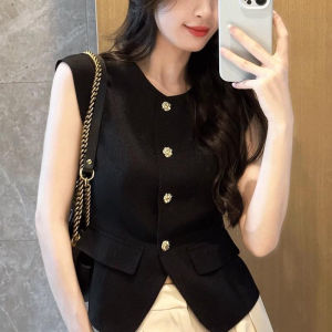 Black Vest Top Womens Fashion Summer New Style Sleeveless V-Neck Suit Jacket Short Length Single Button Closure Commute Style
