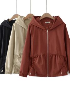 Mùa Xuân Mùa Thu Thoải Mái Thời Trang Áo Khoác Top Size Lớn Fat Mm Có Mũ Khóa Kéo Túi Có Dây Thắt Lưng Áo Gió Áo Khoác Mới Phong Cách Hàn Quốc