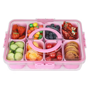 กล่องใส่ของว่าง ถาดแบ่งส่วนพร้อมฝาปิดและหูหิ้ว กล่องใส่ของว่าง กล่องจัดระเบียบขนมสำหรับผู้ใหญ่ ถาดผลไม้ ถาดผัก