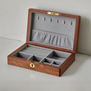 Portable Mini Gold Jewelry Box Walnut Solid Wood Storage Organizer Luxury Elegant Decorative Case for Bedside Accessories