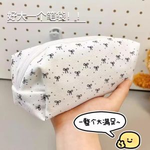 Large Capacity Butterfly Knot Pencil Case Black White Student Makeup Bag Cute Girl Stationery Storage Bag High Aesthetic Value