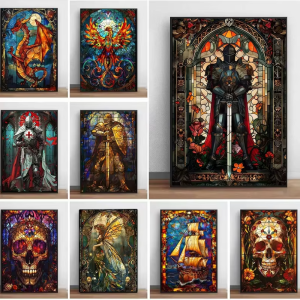 ชุดภาพวาดสีน้ำมันระบายสีตามตัวเลข ลายกระจกสีแฟนตาซี ลายอัศวินโบราณ หัวกะโหลก มังกร สำหรับตกแต่งห้องนั่งเล่น