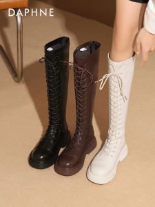 Daphne Brown Long Boots Womens Thick Bottom Knight Boots Autumn Winter Fashion Casual High Tube PU Leather Zipper Closure